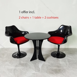 1:6 Dollhouse Chairs and Table (A Set of 2 Chairs+1 Table+2 Cushions),1/6 Mini Modern Doll Furniture Dining Chair Table for Barbie,BJD etc
