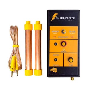 May include: A black and orange Smart-Zapper microprocessor frequency generator with copper cylinders and a yellow power cord. The device has buttons and dials labelled "Sweep", "Mode Select", "On/Off", "Battery", and "Smart".