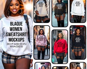 30 African American Women Sweatshirt Mockup Set – Plus Size Curvy Fashion Apparel for Designers | Black Women Gildan 18000 Mockups