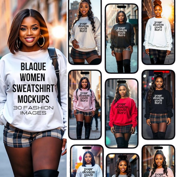 Black Women Sweatshirt Mockup Set: Curvy and Plus Size Fashion Apparel (30 Images)