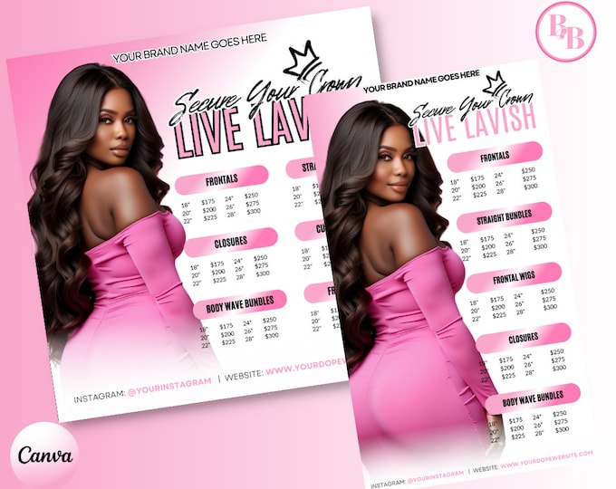 DIY Pink Black Hair price list flyer, Hair Pricing Flyer, Hair Flyer, Social Media Flyer, Hair Flyer, Hair Bundle list