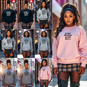 May include: A collage of nine images featuring a person wearing a variety of sweatshirts. The sweatshirts are in different colors, including gray, black, and pink. The text "your design goes here" is printed on each sweatshirt. The person is wearing a plaid skirt and black boots.