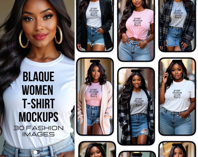 30 African American Women T-Shirt Mockup Set – Plus Size Curvy Fashion Apparel for Designers | Black Women Bella Canvas 3001 Mockups