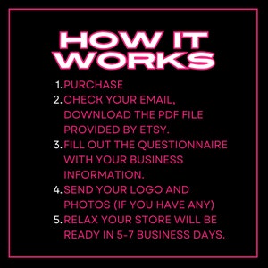 Puede incluir: Texto rosa sobre fondo negro que describe los pasos para configurar una tienda Etsy. El texto dice: "HOW IT WORKS 1. PURCHASE 2. CHECK YOUR EMAIL, DOWNLOAD THE PDF FILE PROVIDED BY ETSY. 3. FILL OUT THE QUESTIONNAIRE WITH YOUR BUSINESS INFORMATION. 4. SEND YOUR LOGO AND PHOTOS (IF YOU HAVE ANY) 5. RELAX YOUR STORE WILL BE READY IN 5-7 BUSINESS DAYS."