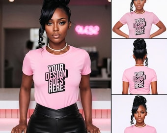 Rosa T-Shirt Mockup Bundle | Schwarzes weibliches Model Lifestyle & Studio (Digitaler Download)