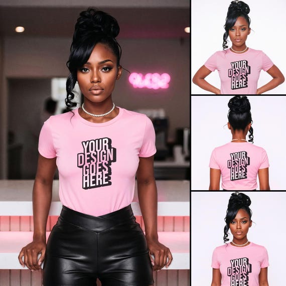 Pink T-Shirt Mockup Bundle | Black Female Model Lifestyle & Studio (Digital Download)