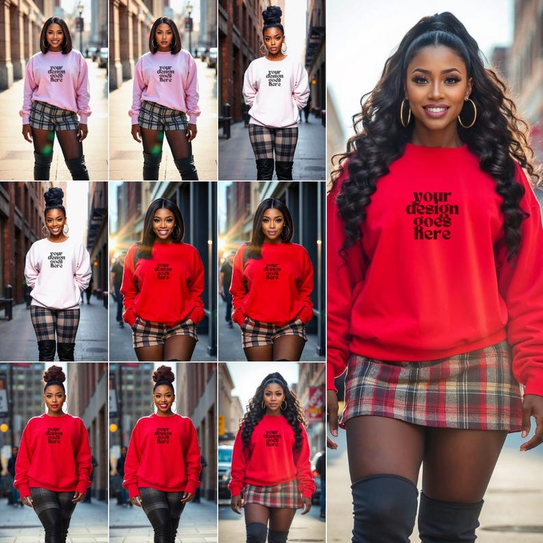 May include: A collage of nine images featuring a woman wearing a red and pink sweatshirt with the text "your design goes here". The woman is wearing a plaid skirt and black boots. The images show the sweatshirt from different angles.