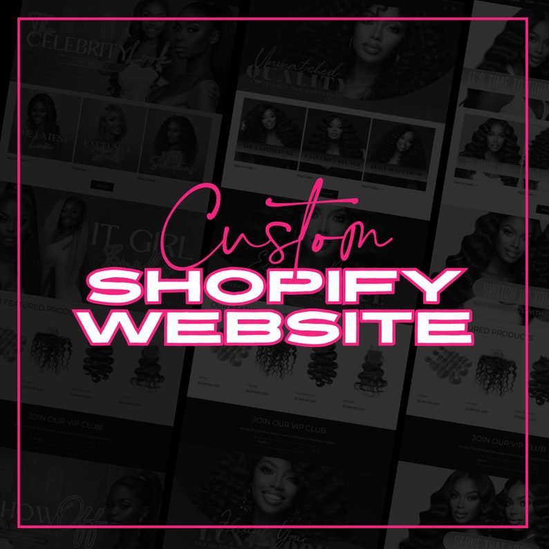 Puede incluir: Un collage de im&aacute;genes que muestran un sitio web personalizado de Shopify para un negocio de extensiones de cabello. El sitio web presenta una variedad de extensiones de cabello, incluidos paquetes, cierres y frontales. El sitio web tambi&eacute;n incluye un club VIP y una llamada a la acci&oacute;n para unirse.
