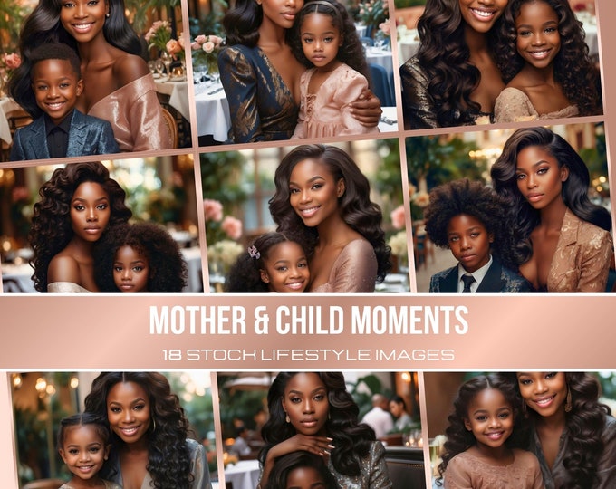 Mother’s Day Photo Set - 18 Lifestyle Images, Elegant African American Mother & Child, Family Portrait Digital Download