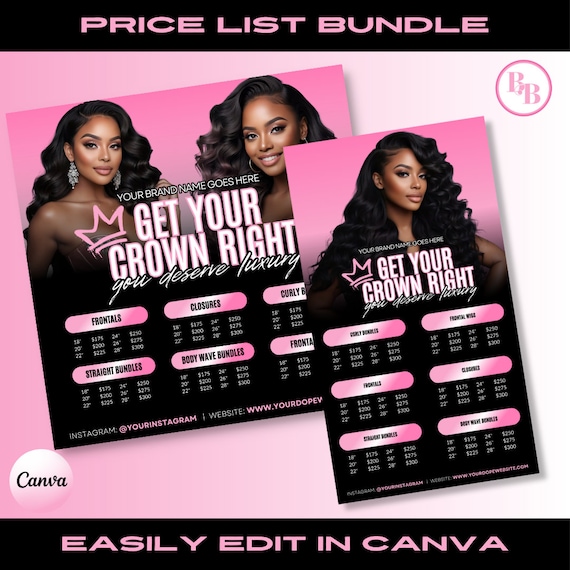 Hair Price List Flyer: Pink Black DIY Template (Canva)