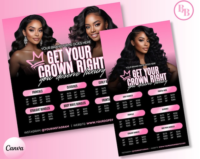 DIY Pink Black Hair price list flyer, Hair Pricing Flyer, Hair Flyer, Social Media Flyer, Hair Flyer, Hair Bundle list