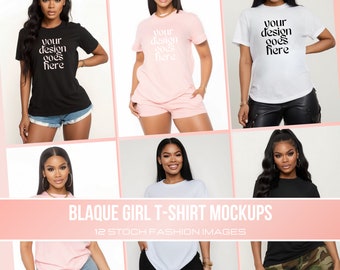 May include: A collage of six images featuring a Black woman wearing different t-shirts. The t-shirts are black, pink, and white. The text "Your design goes here" is printed on each t-shirt. The images are used as mockups for t-shirt designs. The text "BLAQUE GIRL T-SHIRT MOCKUPS" and "12 STOCK FASHION IMAGES" is printed at the bottom of the collage.