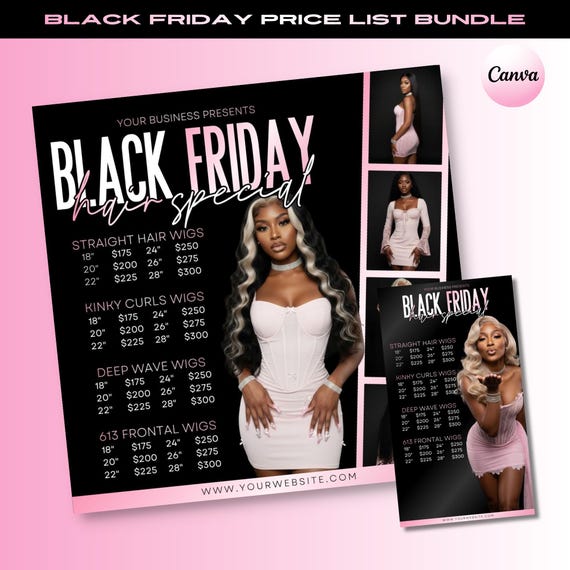 Black Friday Hair Price List Flyer: Pink Black DIY Template (Canva)