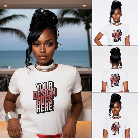 White T-Shirt Mockup | Black Female Model Lifestyle & Studio (Digital Download)