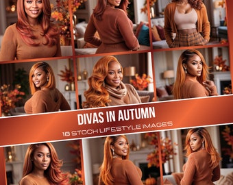 Stock Images: African American Models | Fall Beauty, Hair, Makeup, Fashion | Autumn Wig Photos | 18-Pack