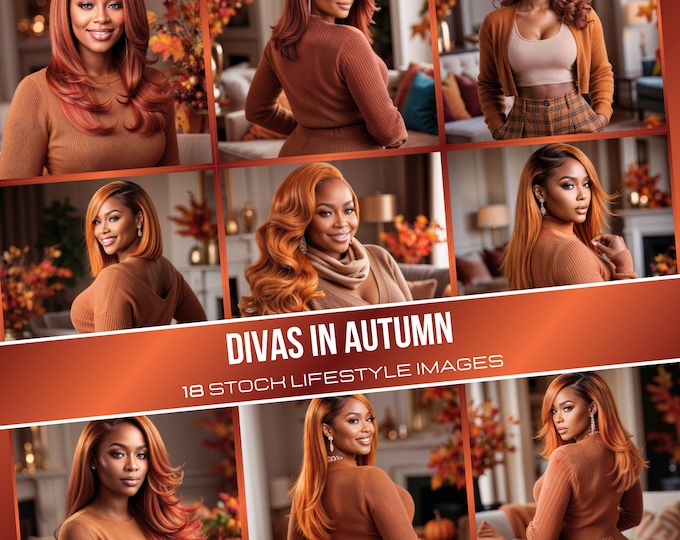 Stock Images: African American Models | Fall Beauty, Hair, Makeup, Fashion | Autumn Wig Photos | 18-Pack