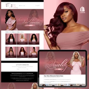 May include: A website design for ITGIRL featuring a woman with long, wavy, burgundy hair. The website showcases various hair styles, including wavy, blonde, and curly. The text "Luxury Hair, Zero Compromise" is displayed.