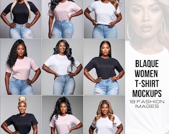 18 African American Women T-Shirt Mockup Set - Plus Size Curvy Fashion Apparel for Designers | Black Women Mockups in Bella Canvas 3001