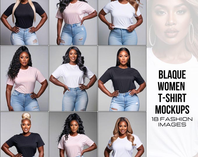 18 African American Women T-Shirt Mockup Set - Plus Size Curvy Fashion Apparel for Designers | Black Women Mockups in Bella Canvas 3001