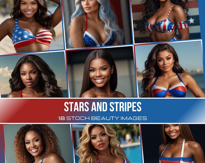 African American Patriotic Beauty Images, 4th of July Glamour Photos, Memorial Day Diverse Women Stock, Instant Download