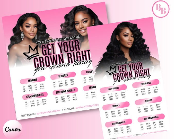 DIY Pink Black Hair price list flyer, Hair Pricing Flyer, Hair Flyer, Social Media Flyer, Hair Flyer, Hair Bundle list