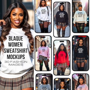 May include: A collection of 30 fashion images featuring a woman wearing various black, white, red, and pink sweatshirts. The text "Your design goes here" is displayed on each sweatshirt.