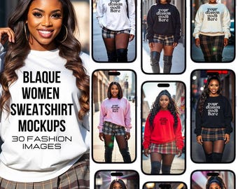 30 African American Women Sweatshirt Mockup Set – Plus Size Curvy Fashion Apparel for Designers | Black Women Gildan 18000 Mockups
