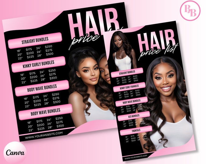 DIY Pink Black Hair price list flyer, Hair Pricing Flyer, Hair Flyer, Social Media Flyer, Hair Flyer, Hair Bundle list