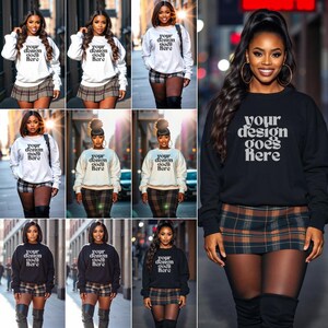 May include: A woman is wearing a black sweatshirt with the text "your design goes here" in white letters. She is also wearing a plaid skirt and black tights. The sweatshirt is a mockup for a design.