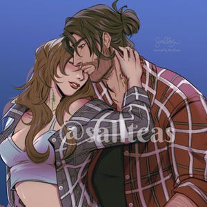 Może przedstawiać: Cyfrowa ilustracja obejmującej się pary, z kobietą opierającą się na ramieniu mężczyzny. Mężczyzna ma na sobie czerwoną i czarną koszulę w kratę, a kobieta jasnoniebieski top. Obraz ma niebieskie tło i tekst "sally created by @sailteas".