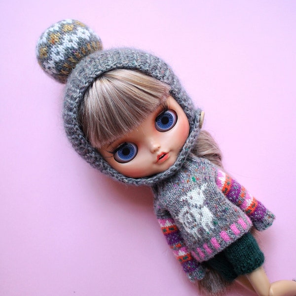 Adorable Blythe Doll Outfit Set - Sheep Sweater, Green Shorts, Snug Knit Socks and Gray Hat with pom pom - Ready to Ship