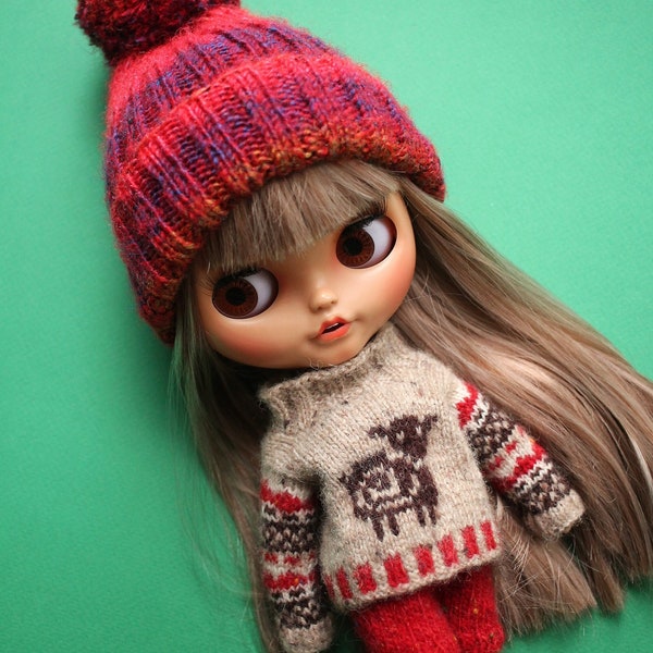 Adorable Blythe Doll Outfit Set - Sheep Sweater, Red Shorts, Snug Knit Socks and Hat with pom pom