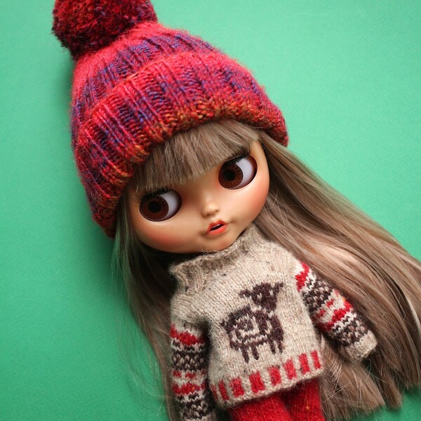 Adorable Blythe Doll Outfit Set - Sheep Sweater, Red Shorts, Snug Knit Socks and Hat with pom pom