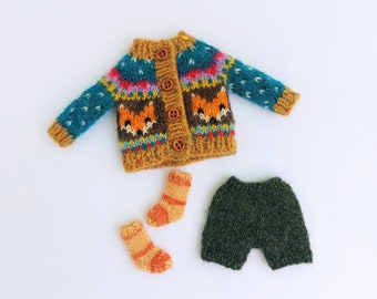 Doll Knitted Socks. Blythe Knitted Shorts. Blythe jacquard sweater with fox print. Set of 3 knitting clothes