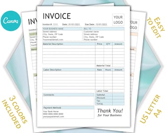 Canva Invoice template; Digital functional Billing Form with Logo; Printable blank for small business; Minimalistic Invoice instant download