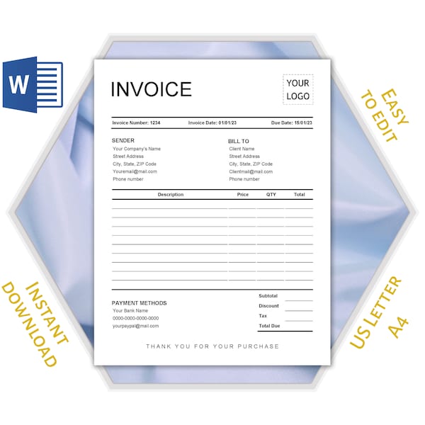 Fully editable Microsoft Word Invoice Template; Printable Fillable Billing Form; DOCX;  Editable Receipt Template; Ukraine Digital Download;