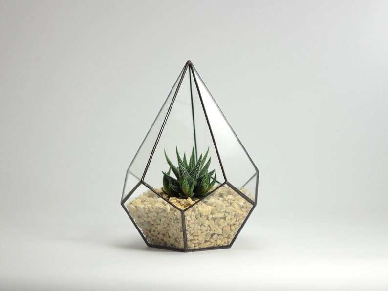 Small stained glass florarium Decorative tank for home flowers, artificial plants Cute handcrafted table decor pentagonal pyramid pot image 5