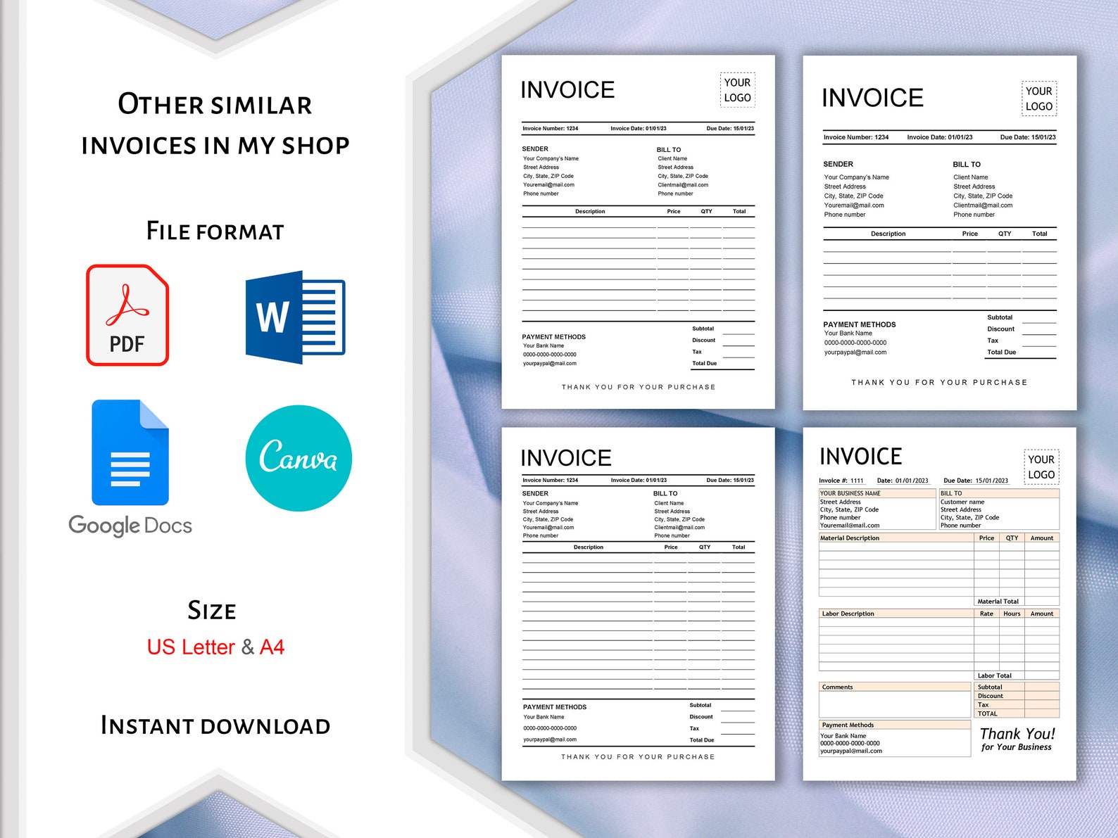 Invoice Template Bundle With Separate Description Material & Labor