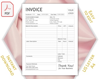 Editable PDF Service Invoice with Material and Labor description; Printable Billing Form for Adobe Acrobat Reader with Logo; US Letter & A4