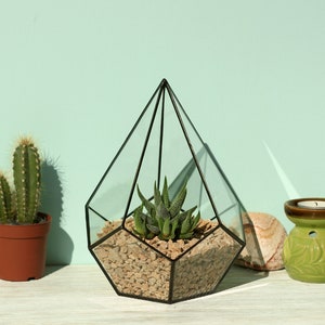 Small stained glass florarium Decorative tank for home flowers, artificial plants Cute handcrafted table decor pentagonal pyramid pot image 1