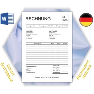 Rechnungsvorlage Word auf Deutsch zum sofortigen Download; Geschäft Rechnung vorlage für Unternehmer und Selbstständige; German Invoice;