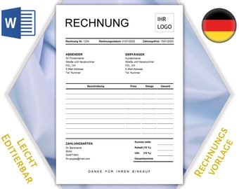 Rechnungsvorlage Word auf Deutsch zum sofortigen Download; Geschäft Rechnung vorlage für Unternehmer und Selbstständige; German Invoice;