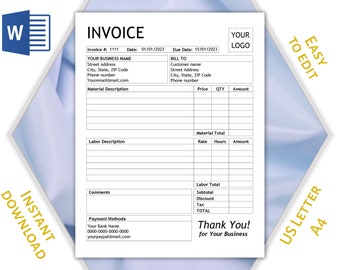 Professional Editable Word Invoice Template with Logotype; Service Invoice US Letter and A4 size Microsoft Word; Blank for Small Business;