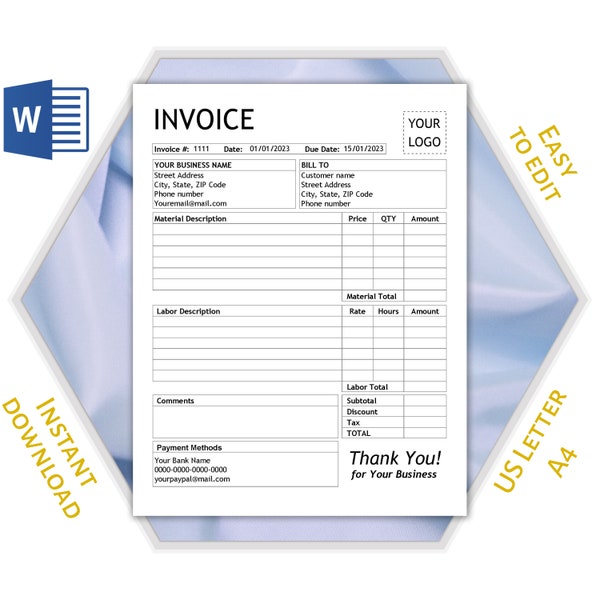 Professional Editable Word Invoice Template with Logotype; Service Invoice US Letter and A4 size Microsoft Word; Blank for Small Business;