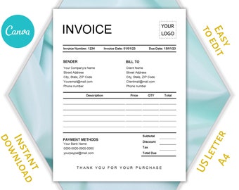 Simple Invoice Canva for 6 lines; Fully editable minimalistic Canva template;  Printable Invoice blank; Can be saved as JPG, PDF, PNG format