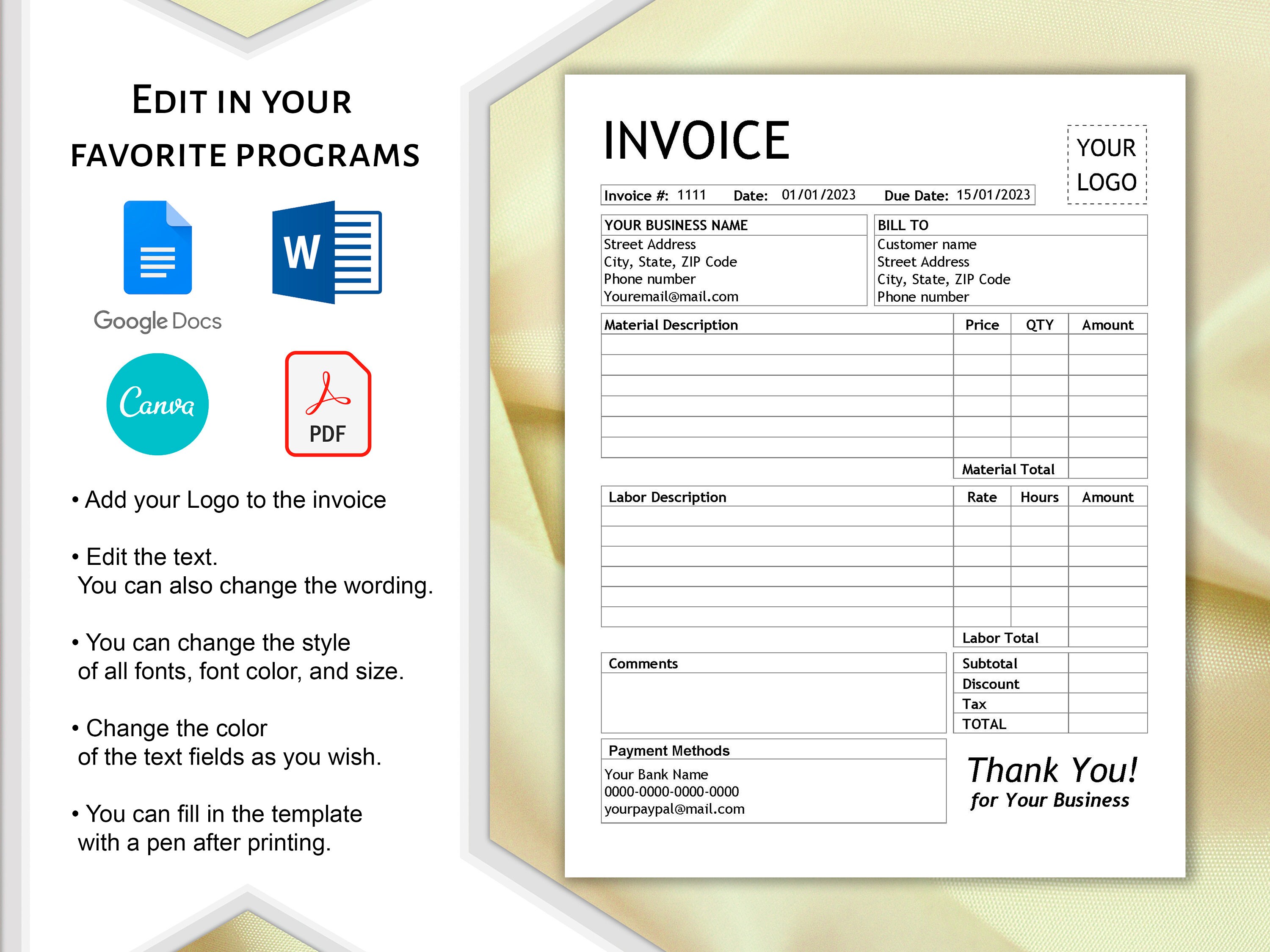 Invoice Template Bundle With Separate Description Material & Labor