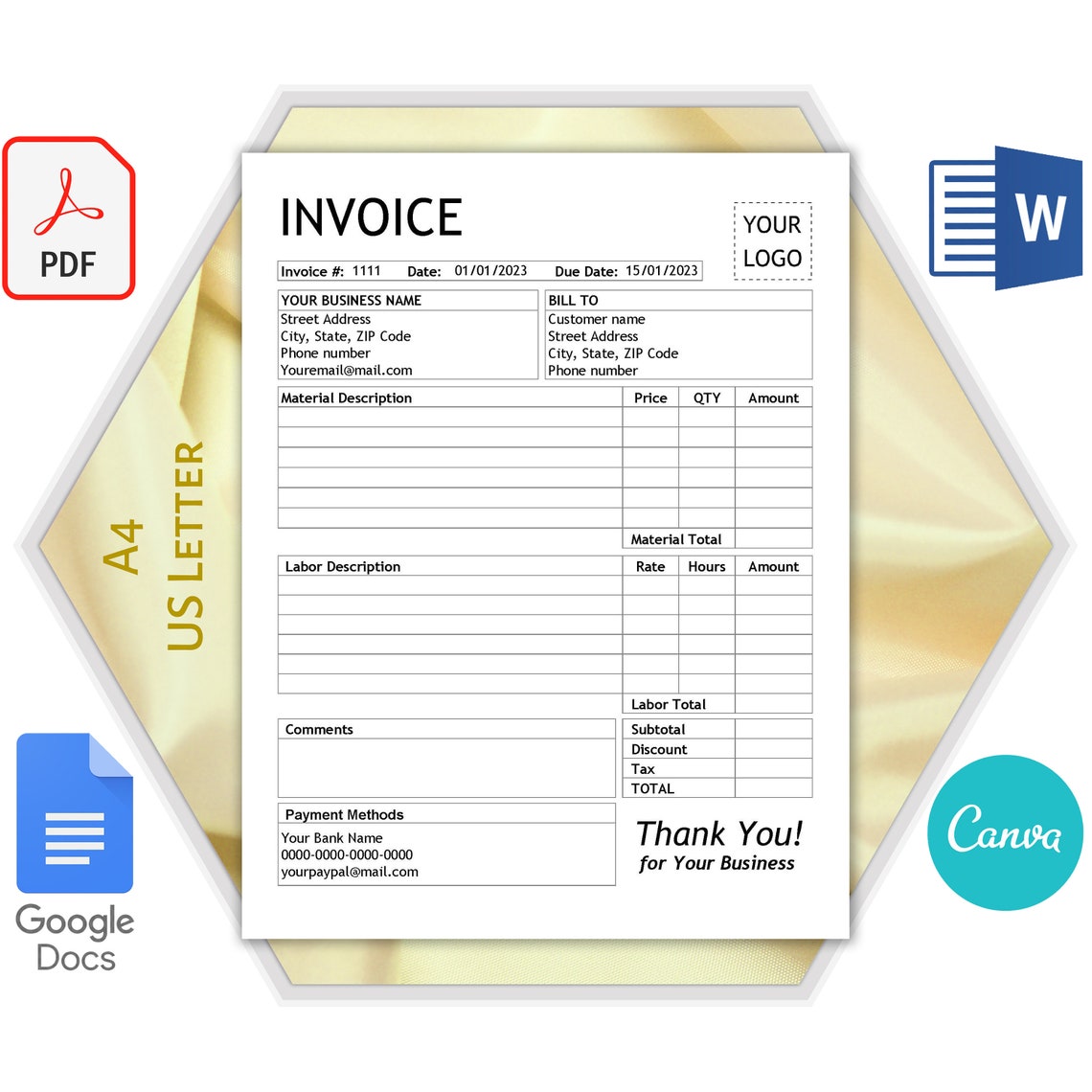 Invoice Template Bundle With Separate Description Material & Labor
