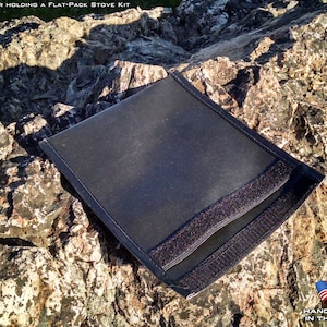 Made in USA “Knee-Pad POUCH”™ for storing a Flat-Pack camp stove kit such as best-in-class SIEGE® Stove. Extra-tough marine-grade materials!