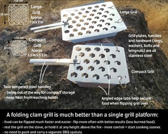 SIEGE® Folding Grill: finest portable grill for camping bushcraft backpacking outdoor survival prep BBQ grilling. USA made Wood Twig Stove