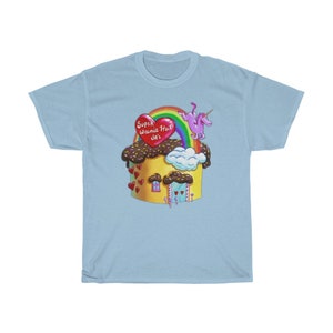 May include: Light blue t-shirt with a graphic of a yellow and brown house with a red heart, a rainbow, and a purple unicorn. The text on the heart says "Super Weenie Hut Jr's".
